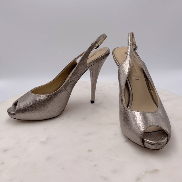 BCBGMAXAZRIA LibbyMet Pewter Metallic Peep Toe Heels 7.5 Holiday Party Pumps NYE - Picture 11 of 13